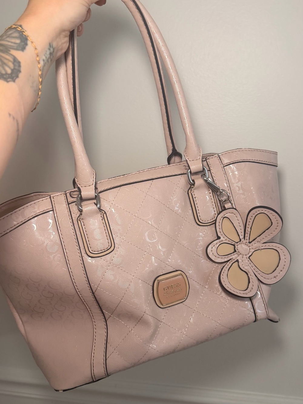 GUESS Pink Signature Tote Bag with Flower Charm